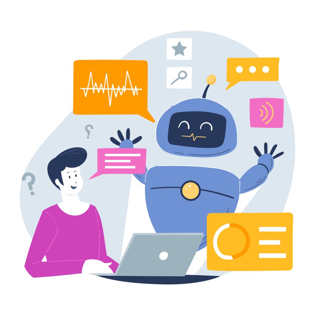 Illustration of a cheerful AI robot assisting a user on a laptop, surrounded by visual elements representing SEO features like voice search, analytics, and search queries.